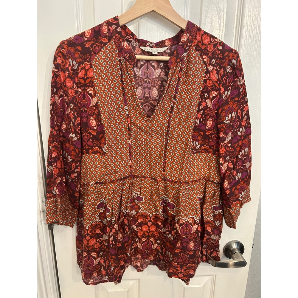 Ranna Gill Boho Floral Patchwork Split Neck Peplum Blouse Orange Burgundy Small